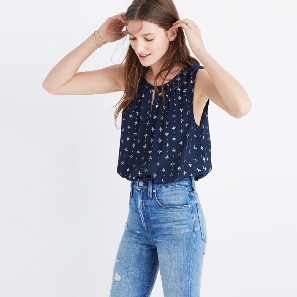 Madewell Memory Medallion Print Navy Blue Sleeveless Blouse Top Womens XXS